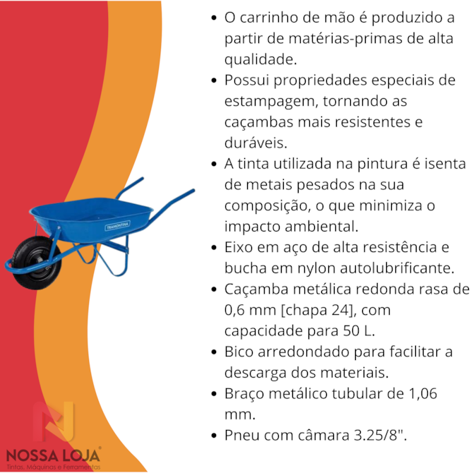 Carrinho de Mão C/ Caçamba Rasa Metálica 50L Braço Metálico e Pneu com Câmara Tramontina