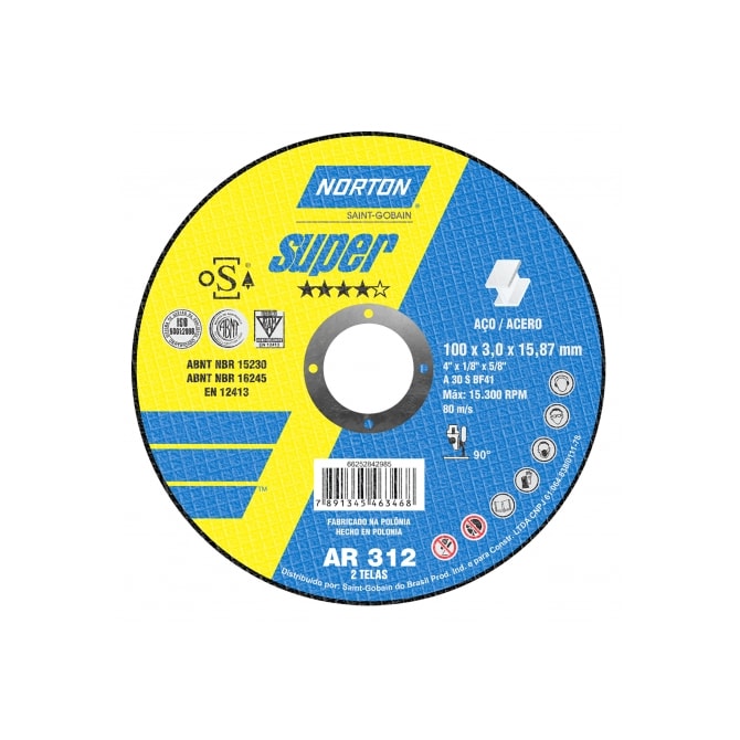 Disco Corte Super AR312 115X3.0X22.23mm Norton