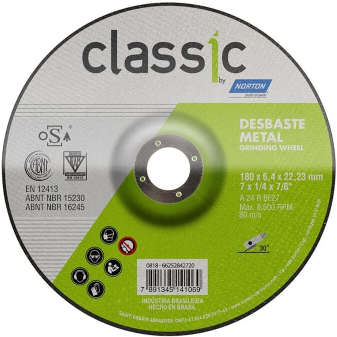 DISCO DESBASTE BDA600 CLASSIC 180MMX22MMX180MM GRÃO 24 NORTON