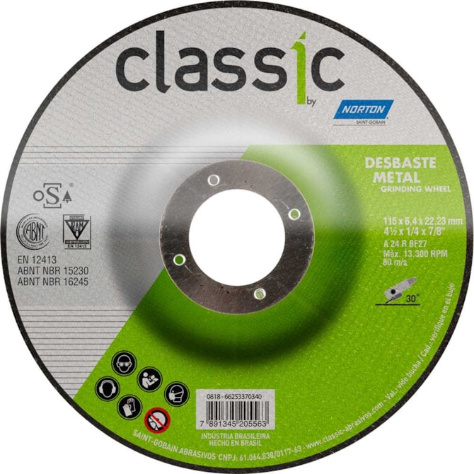 Disco Desbaste Classic BDA600 115X6,4X22,2mm GR 24 Norton