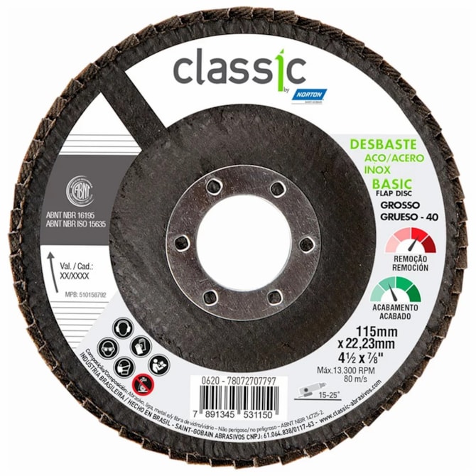 DISCO FLAP FIBRA R201 CLASSIC BASIC 115 X 22MM GRÃO 80 NORTON