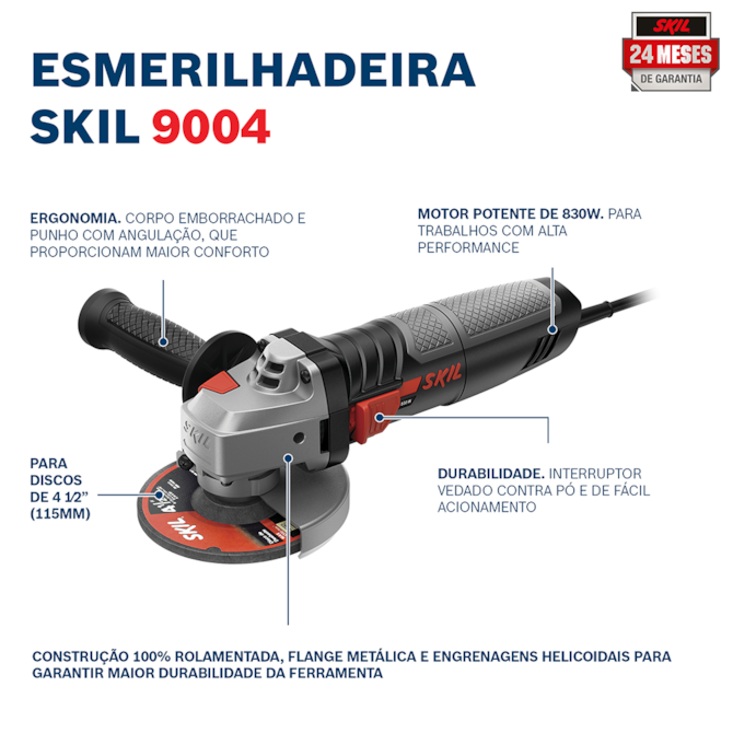 ESMERILHADEIRA ANGULAR 9004 4.1/2" 830W C/ 2 DISCOS SKIL