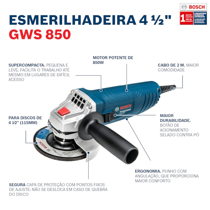 ESMERILHADEIRA ANGULAR DE 4 1/2'' GWS 850 850W 127V BOSCH