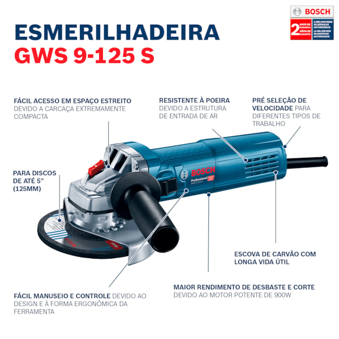 Esmerilhadeira Angular de 5" GWS 9-125 S 900W Bosch