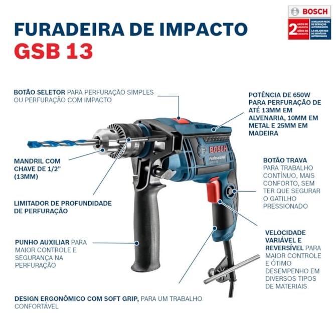 FURADEIRA DE IMPACTO GSB 13 RE 650W 127V BOSCH