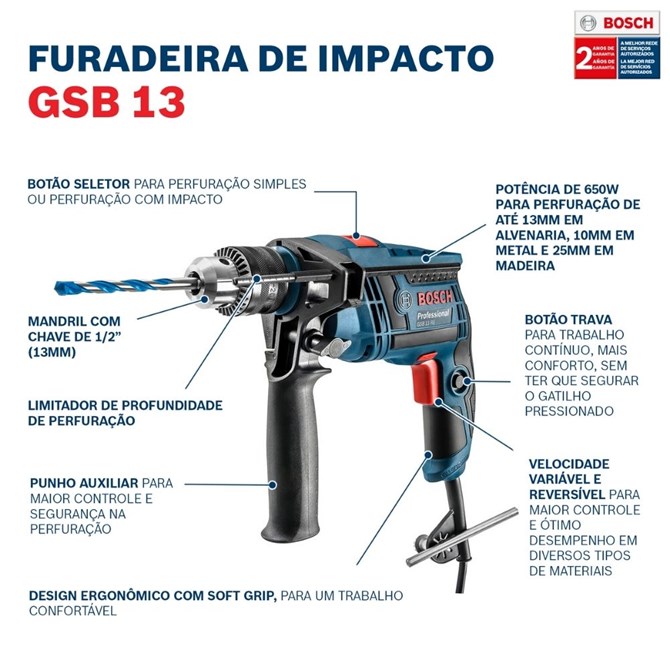 Furadeira de Impacto GSB 13 RE 650W Bosch
