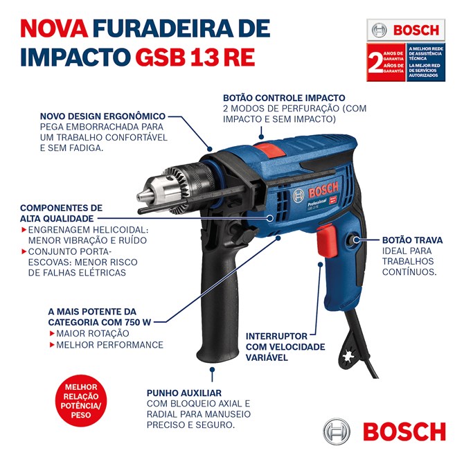 Furadeira de Impacto GSB 13 RE-X23 750W Set 23 AC Bosch