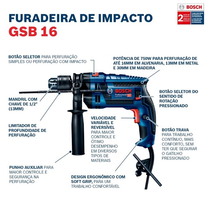 FURADEIRA DE IMPACTO GSB 16 RE 750W C/ MALETA BOSCH