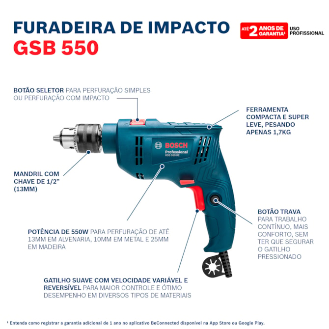 Furadeira de Impacto GSB 550 550W c/ maleta Bosch