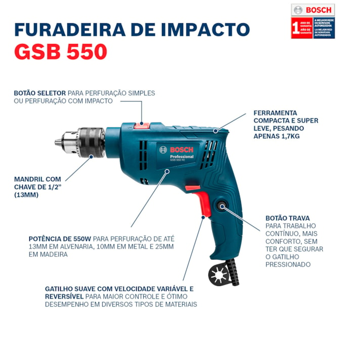 FURADEIRA DE IMPACTO GSB 550 RE 550W 127V BOSCH