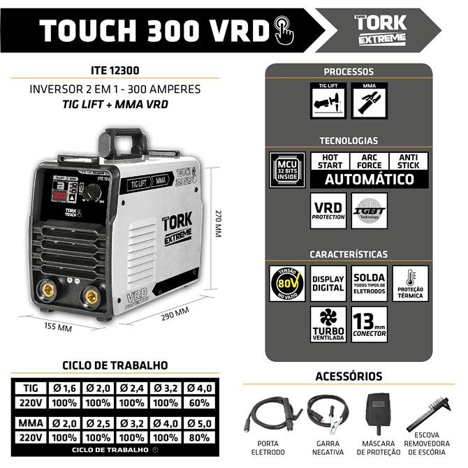 Inversor Digital P/Solda Mma+Tig 300a 220v Monof. Touch 300 - Tork