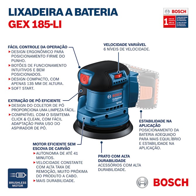 Lixadeira Roto Orbital a Bateria GEX 185-Li 18v Brushless s/ Bateria Bosch