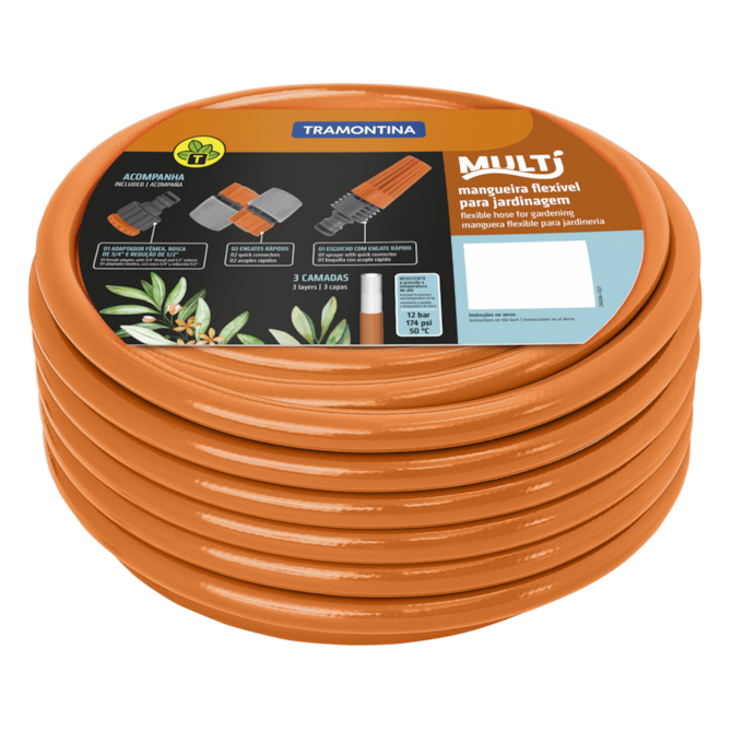 MANGUEIRA MULTI 1/2'' LARANJA EM PVC 3 CAMADAS 20M C/ ENGATES RÁPIDOS E ESGUICHO TRAMONTINA