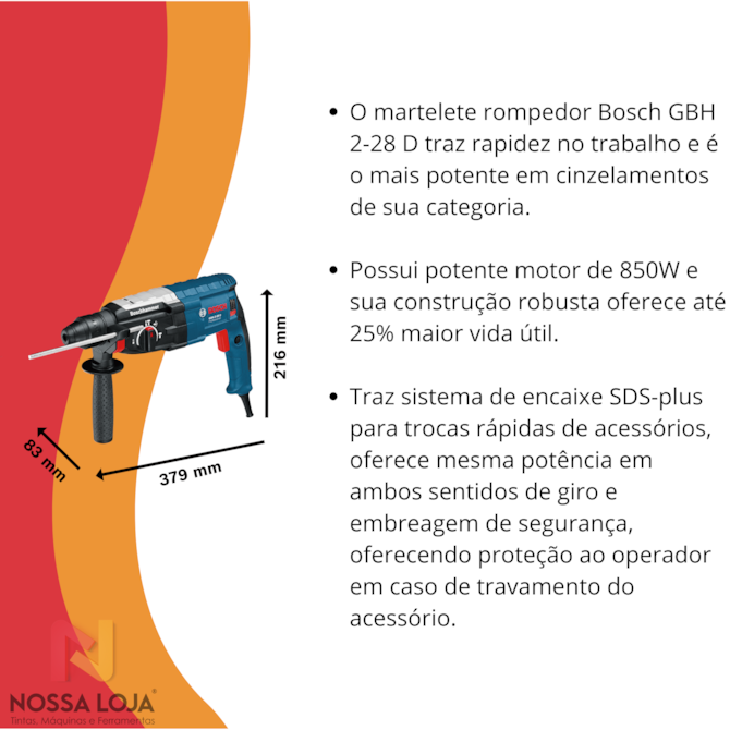 Martelete rompedor GBH 2-28 D 850W 127V em maleta Bosch