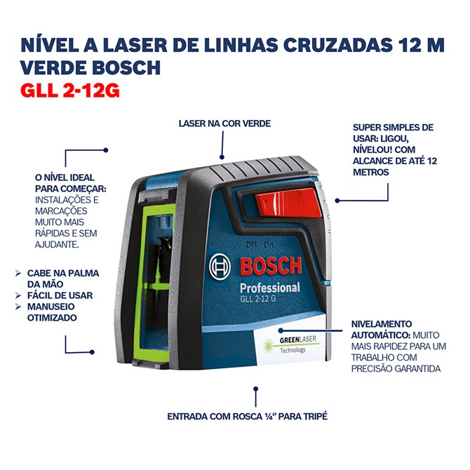 Nível a Laser Verde GLL 2-12 G Alcance 12m C/ Suporte Bosch