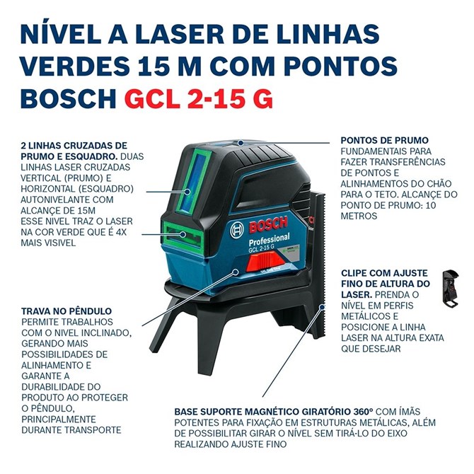 Nível Laser Verde GCL 2-15 G 15m c/ Pontos de Prumo Bosch