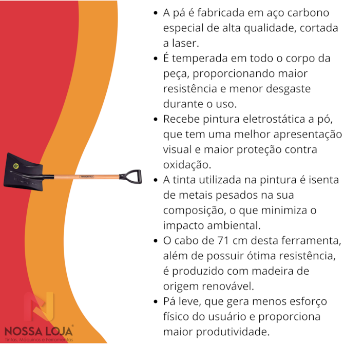 Pá Quadrada 464/30 em Aço C/ Cabo de Madeira C/ Empunhadura Plástica Reta Ergonômica 71cm Tramontina