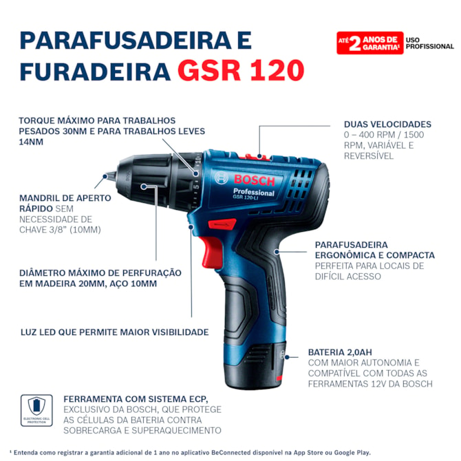 Parafusadeira Furadeira GSR 120-LI 12V 1 Bat e Mala Bosch