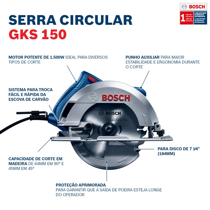 Serra Circular Gks 150 1500W c/ Bolsa e Disco Bosch