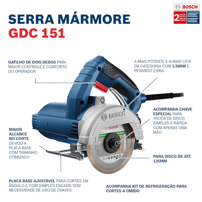 SERRA MÁRMORE GDC 151 TITAN 1500W 127V, 2 DISCOS E KIT BOSCH 