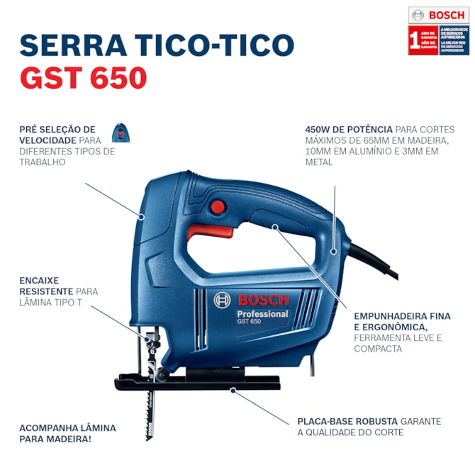 SERRA TICO-TICO GST 650 450W 220V 1 LÂMINA BOSCH