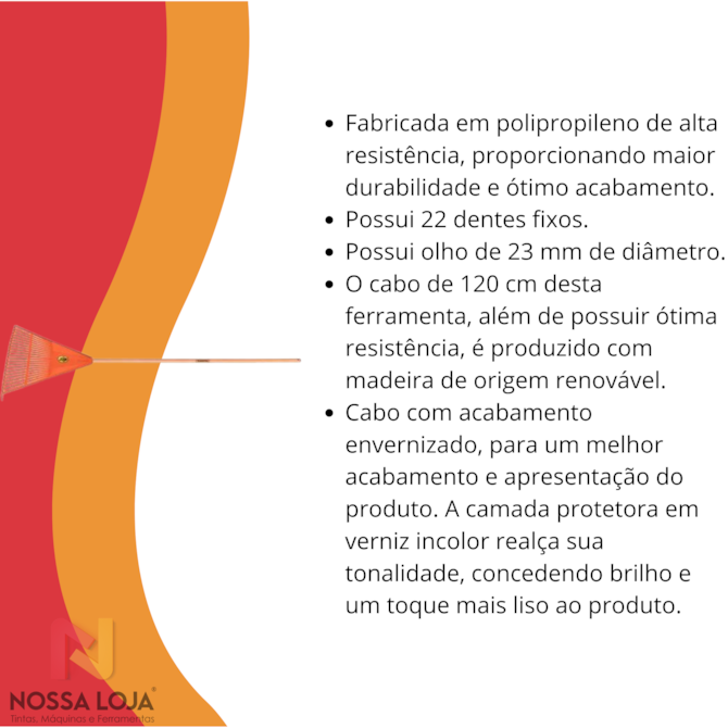 Vassoura Plástica Laranja C/ 22 Dentes e Cabo de Madeira 120cm Tramontina